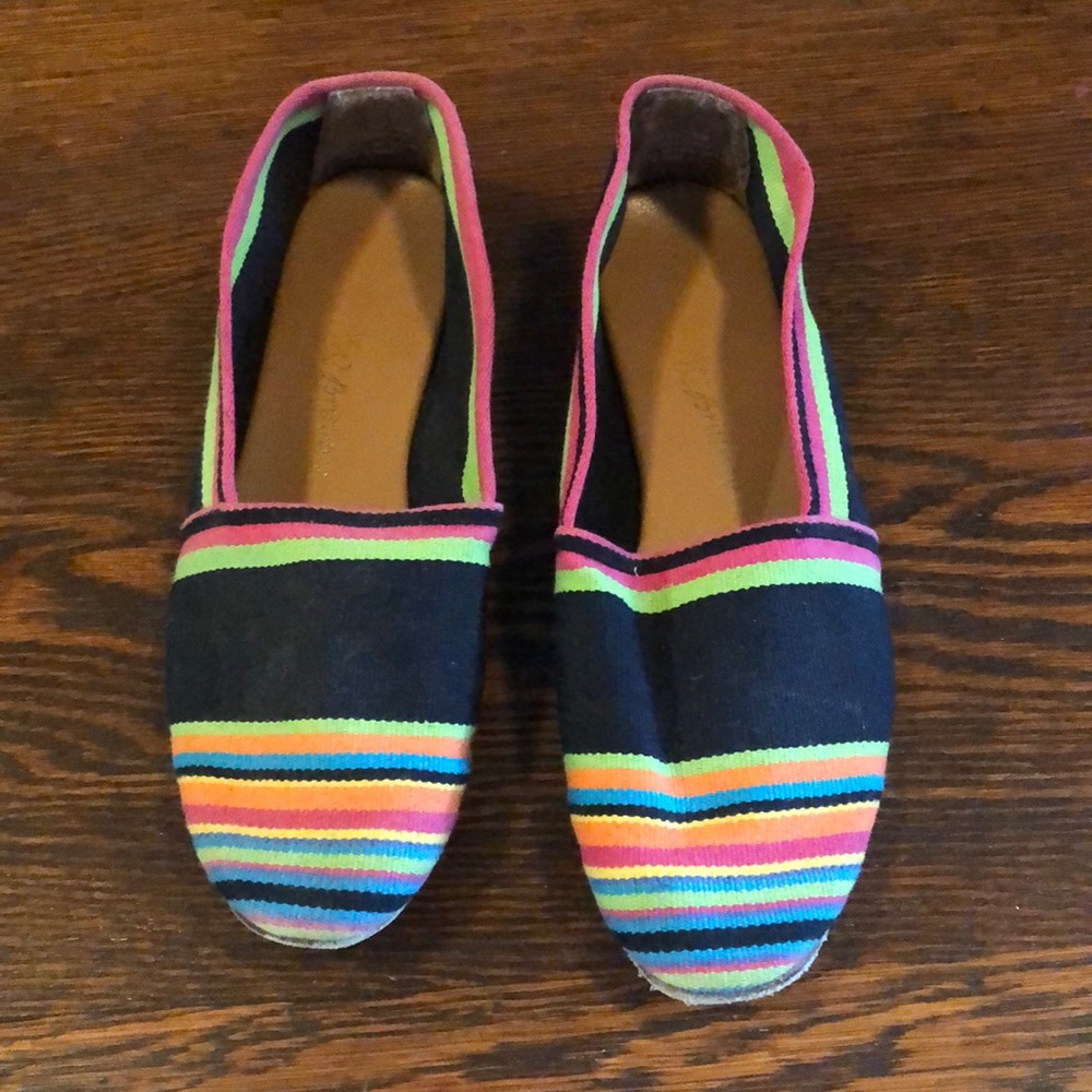 Multi colored stripe  slip on espridrille shoe.
